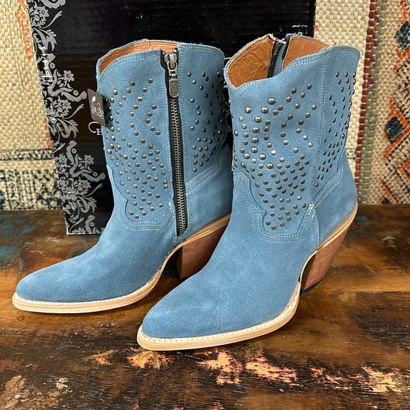 Dan Post Stud Boots in blue suede leather. New from Sundance.